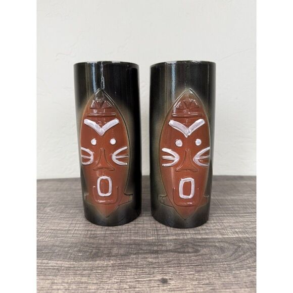 Fred Roberts Set Of 2 TIki Mugs Red Mask Airbrushed Glaze Ceramic Hawaii - Picture 1 of 16